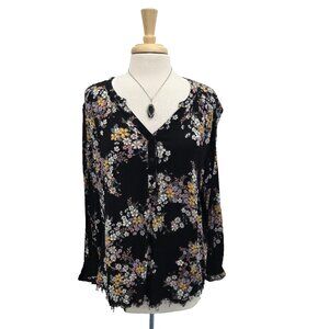 Maurices Black‎ Floral Popover Blouse Top Womens 2XL Long Sleeve Raw Hem V-Neck